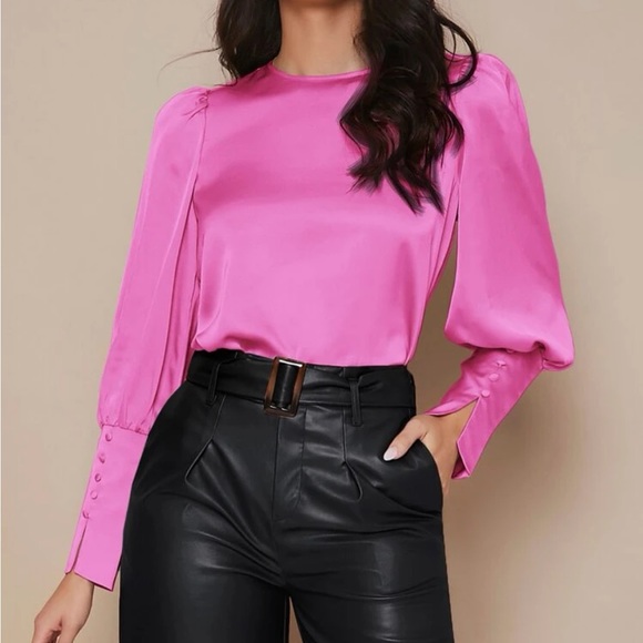 Luxe button cuff lantern sleeve satin blouse - Picture 5 of 13